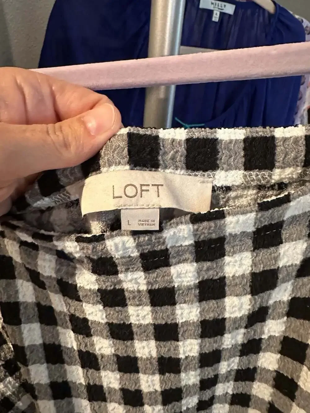 LOFT Black and White Gingham Textured Square Neck Puff Sleeve Tie-Front Blouse